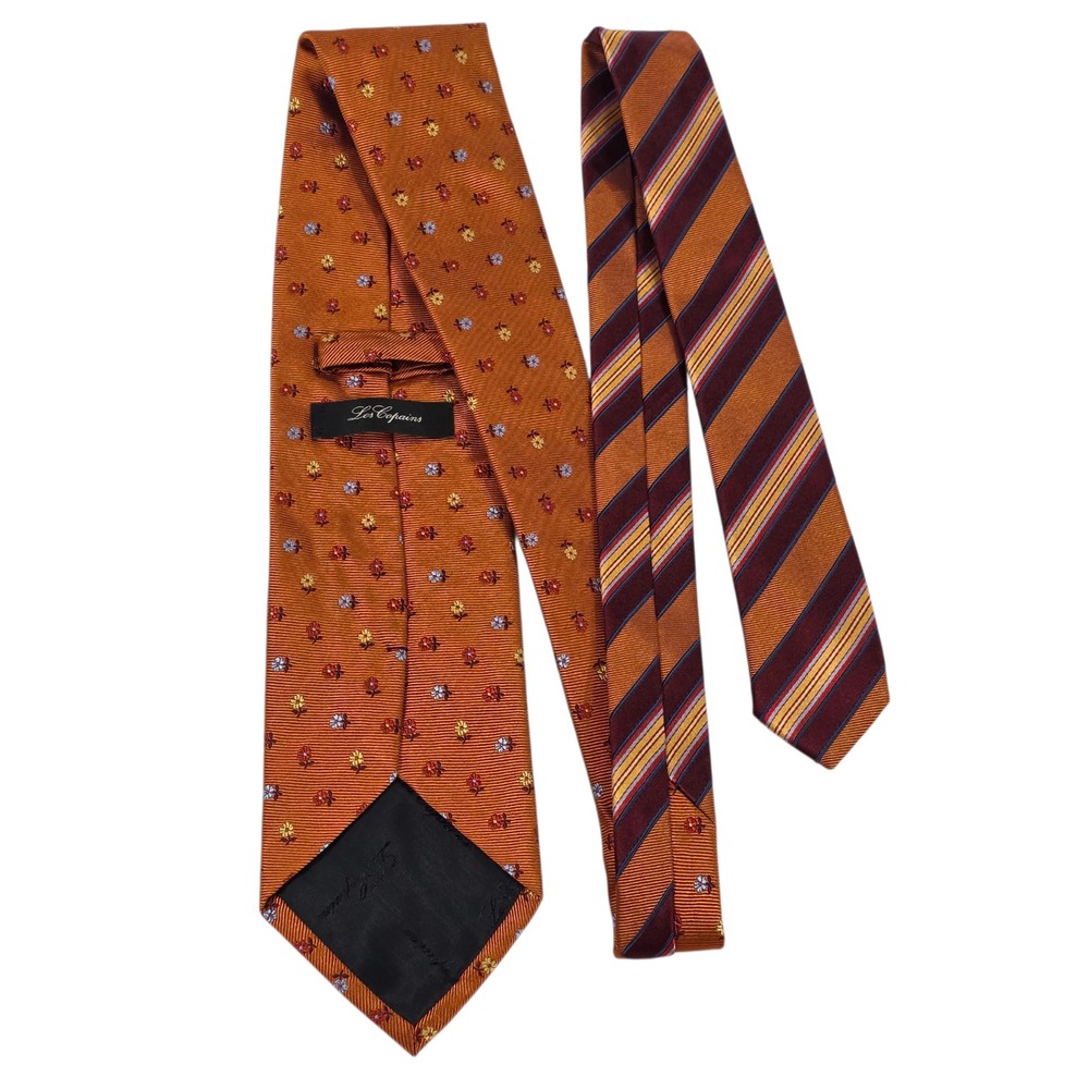Les Copains Mens Necktie‎ Orange Silk Floral Striped Embroidered Long Luxury